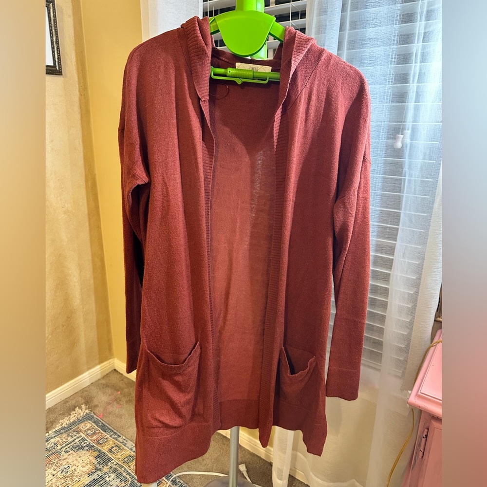 Cozy Brick Red Hooded Cardigan